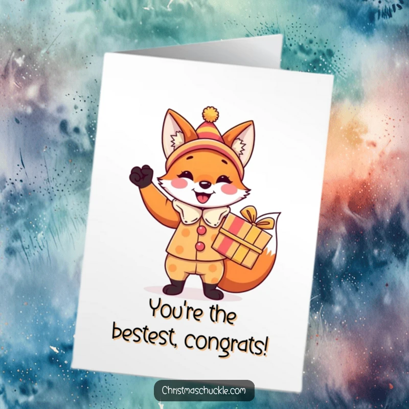 Funny Free Printable Congratulations Card: A fox dressed as a clown triumphantly presents a brightly wrapped gift, perfect for any celebration.