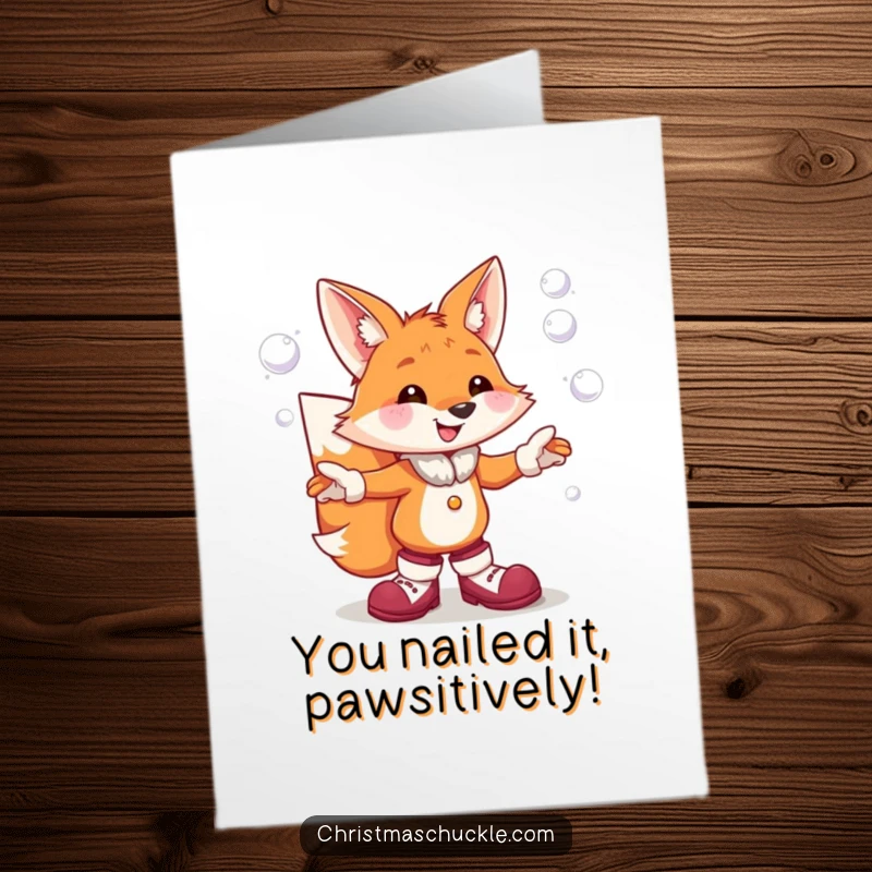 Funny Free Printable congratulations card showing a cheerful fox juggling snowballs, perfect for celebrating achievements.