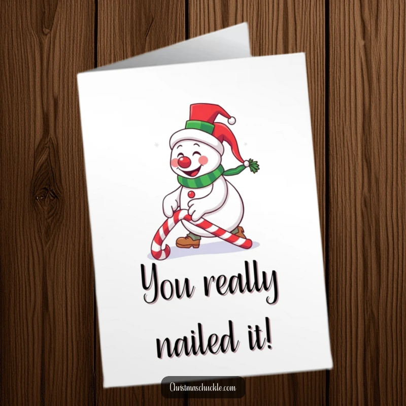 Funny Free Printable Congratulations Card: A festive snowman clown with a top hat, hilariously tripping over a candy cane.