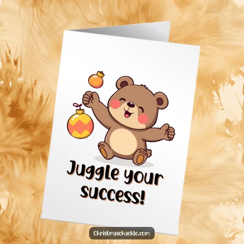 Free Printable Congratulations Card: Bear attempts to juggle ornaments with comical results.