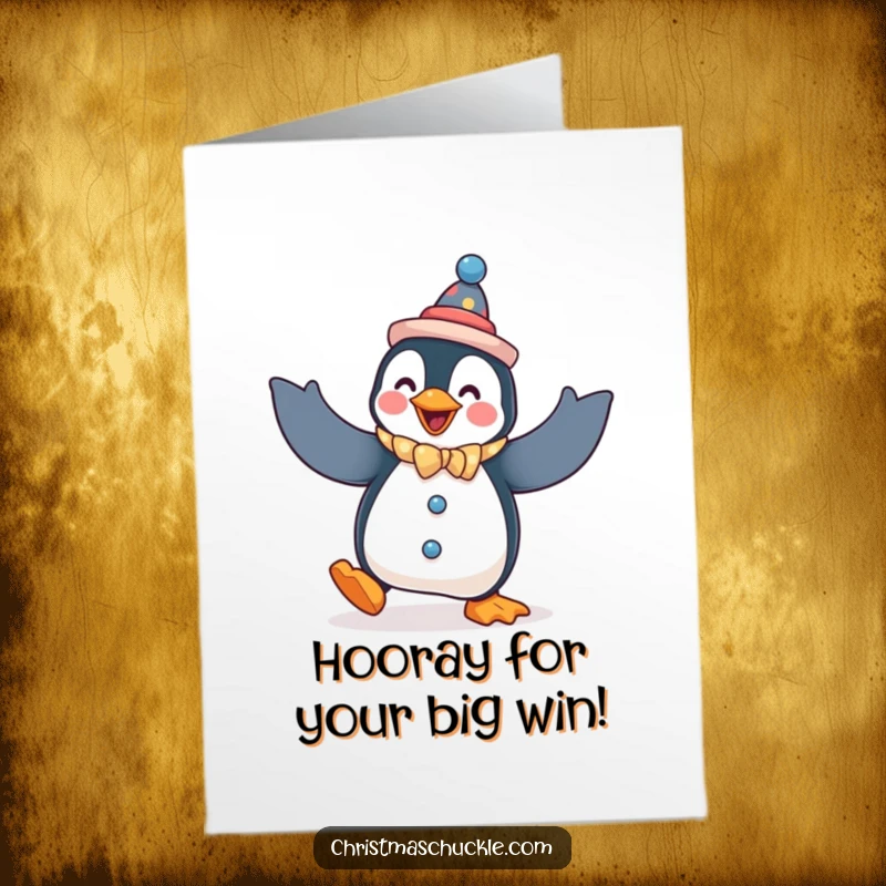 Funny Free Printable Congratulations Card: A penguin in clown attire attempts a hilarious, floppy dance, spreading congratulatory cheer.
