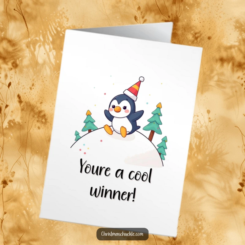 Free Printable Congratulations Card: Penguin with clown nose slides down a festive hill.