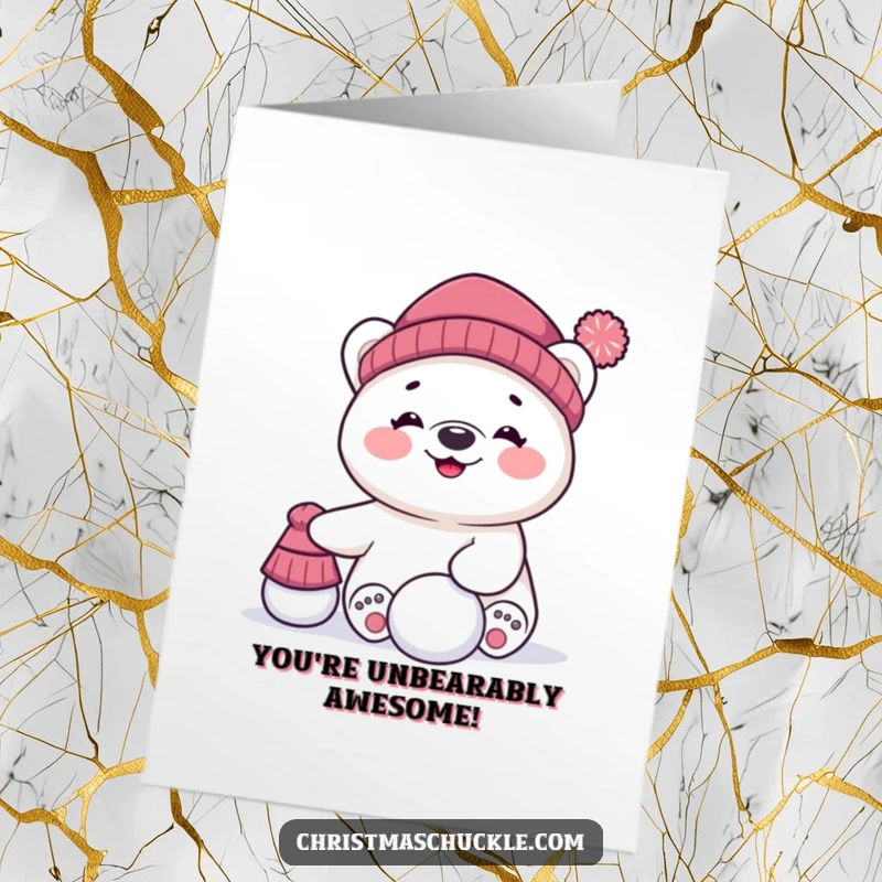 Funny Free Printable Congratulations Card: Giggling polar bear character triumphantly balances a hat and snowball, celebrating your success.