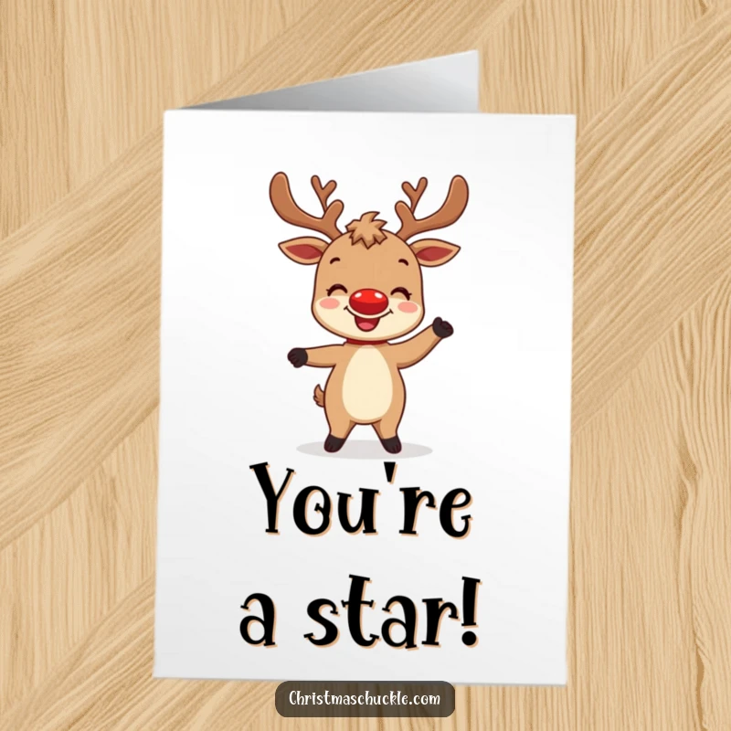 Funny Free Printable Congratulations Card: A delighted reindeer with a bright red nose performs a silly dance, celebrating your achievement.