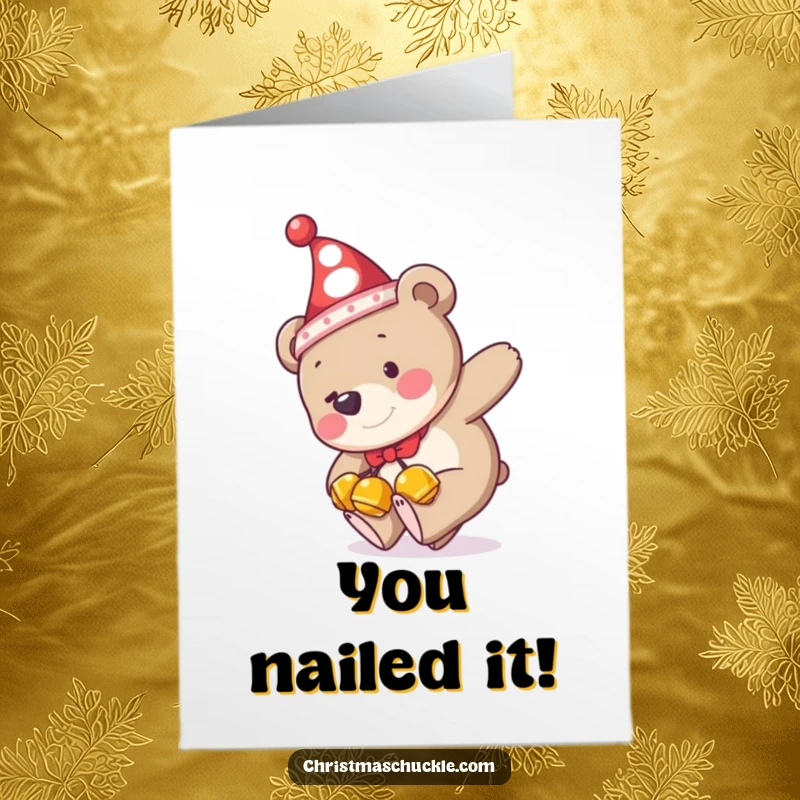 Free Printable Congratulations Card: A bear wearing clown gear trips hilariously, perfect for celebrating.
