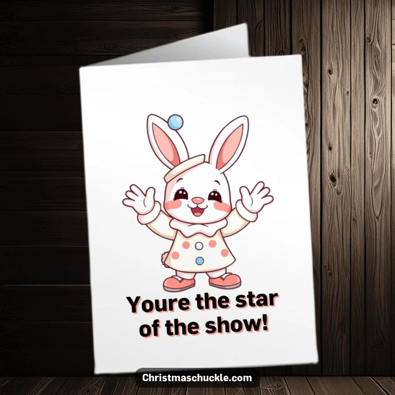 Funny Free Printable Congratulations Card: Enthusiastic clown bunny character in a colorful costume, celebrating with gleeful hand waves.
