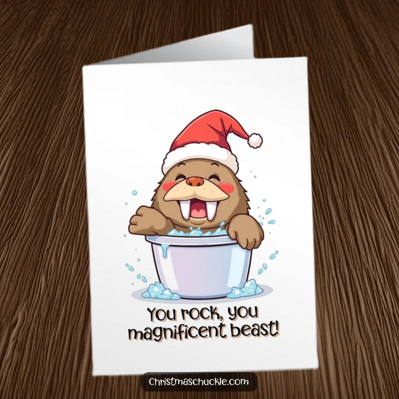 Funny Free Printable Congratulations Card: A happy walrus clown wearing a Santa hat splashes gleefully in a bucket of glitter.