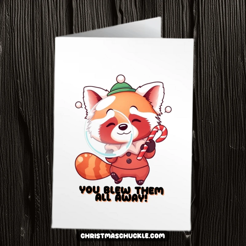 Funny free printable congratulations card: a red panda clown blows a huge bubble from candy cane.