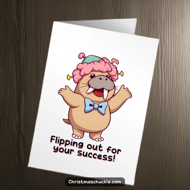 Funny free printable congratulations card: a walrus clown in a wig and bowtie dances silly.