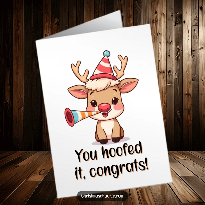 Funny Free Printable Reindeer Congratulations Card: A happy reindeer in a clown wig blows a party horn to celebrate big news.