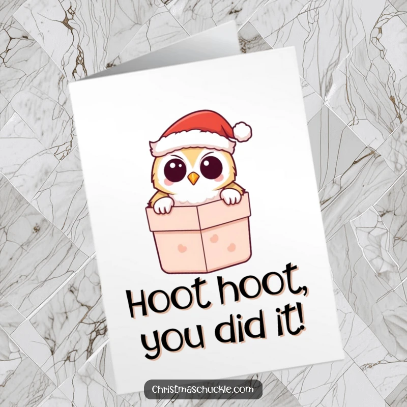 Funny Free Printable Congratulations Card: A cute kawaii owl in a Santa hat playfully peeks from a gift box, celebrating your win.