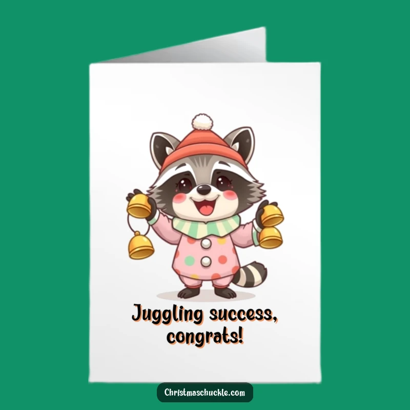 Free Printable Raccoon Clown Juggling Bells Congrats Card: Funny Downloadable Gift