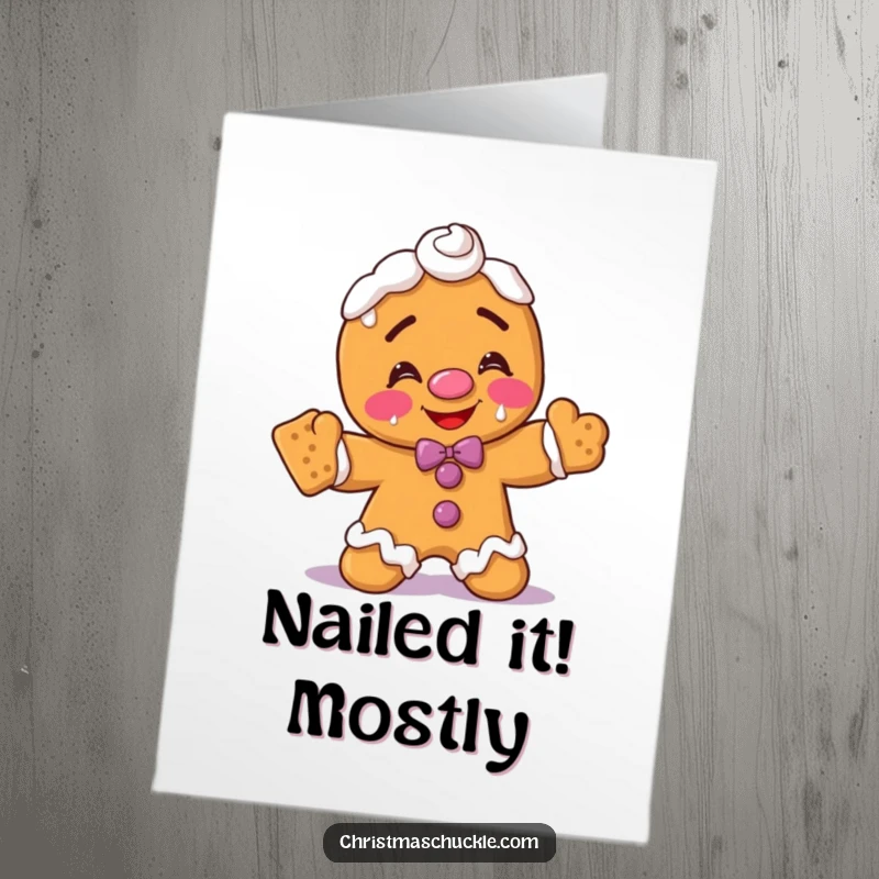 Funny Free Printable Congratulations Card: A blushing gingerbread clown with frosting smears, attempting to balance crackers.