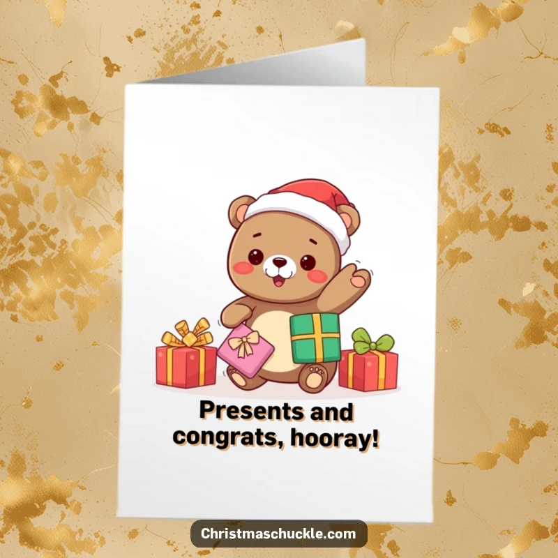 Funny Free Printable Congrats Card: A kawaii bear, Santa hat on, joyfully juggles presents. A fun holiday-themed gift.