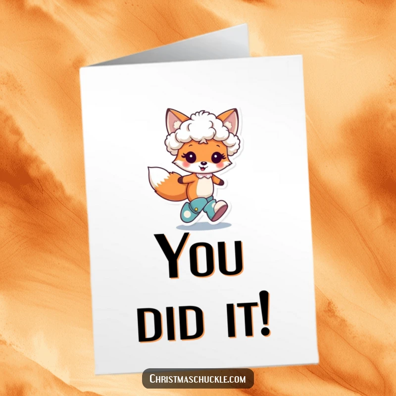 Funny Free Printable Congratulations Card: A cute fox in a tiny clown wig and oversized boots hops joyfully to celebrate your success.