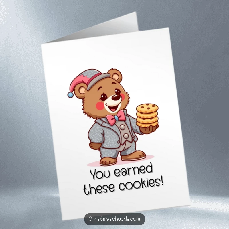 Funny Free Printable Congratulations Card: A determined bear clown wearing a sparkly suit balances a stack of holiday cookies.