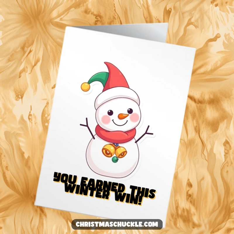 Funny Free Printable Congratulations Card: A jovial snowman dressed as a jester, celebrating with bells and a smile.