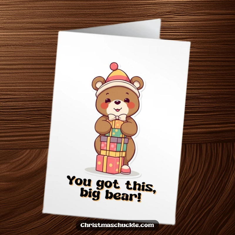 Funny free printable congratulations card showing a bear clown balancing piles of presents, a humorous way to celebrate success.