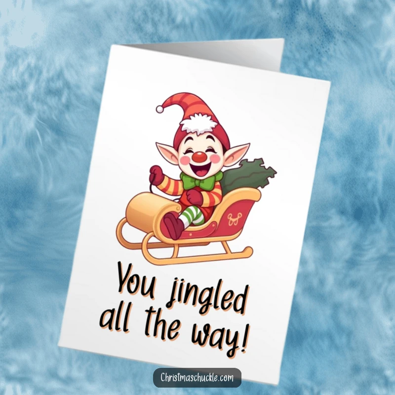 Funny Free Printable Elf Clown Congratulations Card: A giddy elf clown joyfully riding a small sleigh, celebrating. Hilarious downloadable.