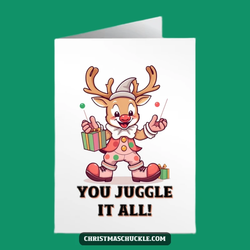 Free Printable Kawaii Reindeer Clown Congrats Card - Funny Juggling Downloadable