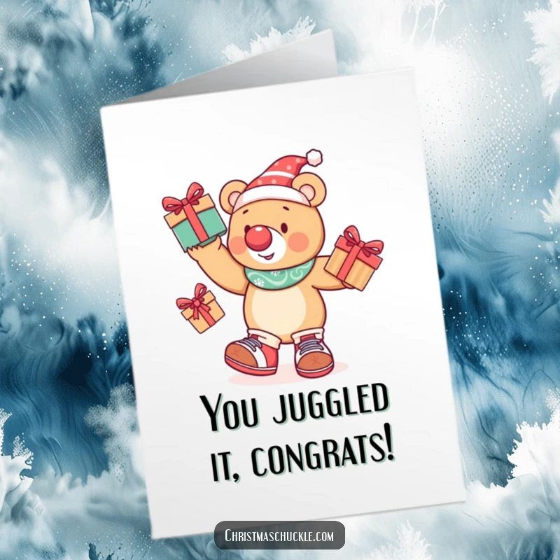 Funny Free Printable Bear Congratulations Card: A festive bear in clown gear juggles presents, celebrating a huge accomplishment.