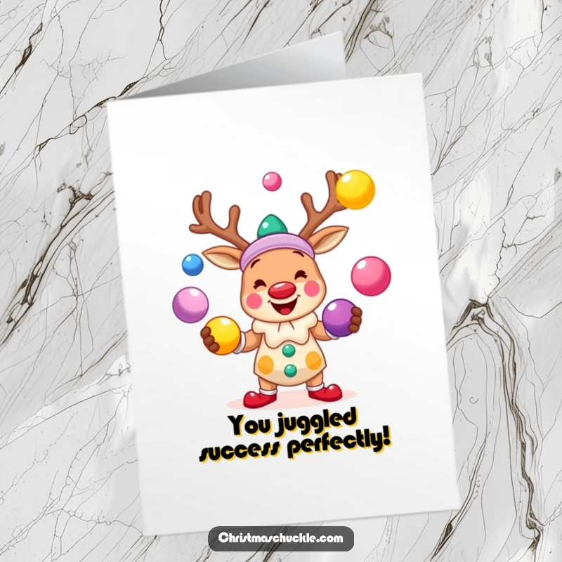 Funny free printable congratulations card: a smiling reindeer clown juggling brightly colored balls, celebrating a fantastic achievement.