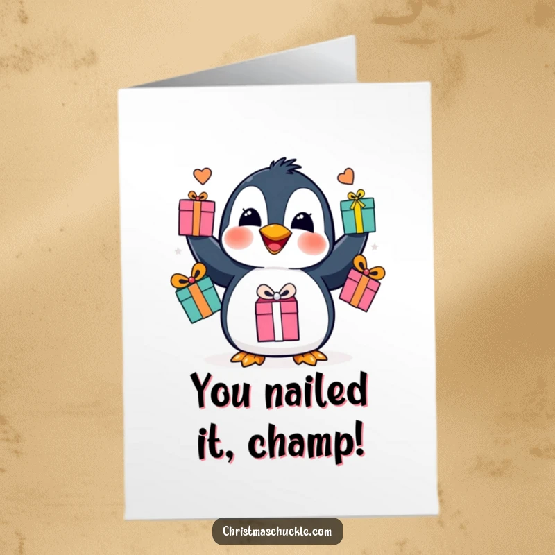 Funny Free Printable Congratulations Card: A happy penguin skillfully juggling gift boxes with its flippers in celebration.
