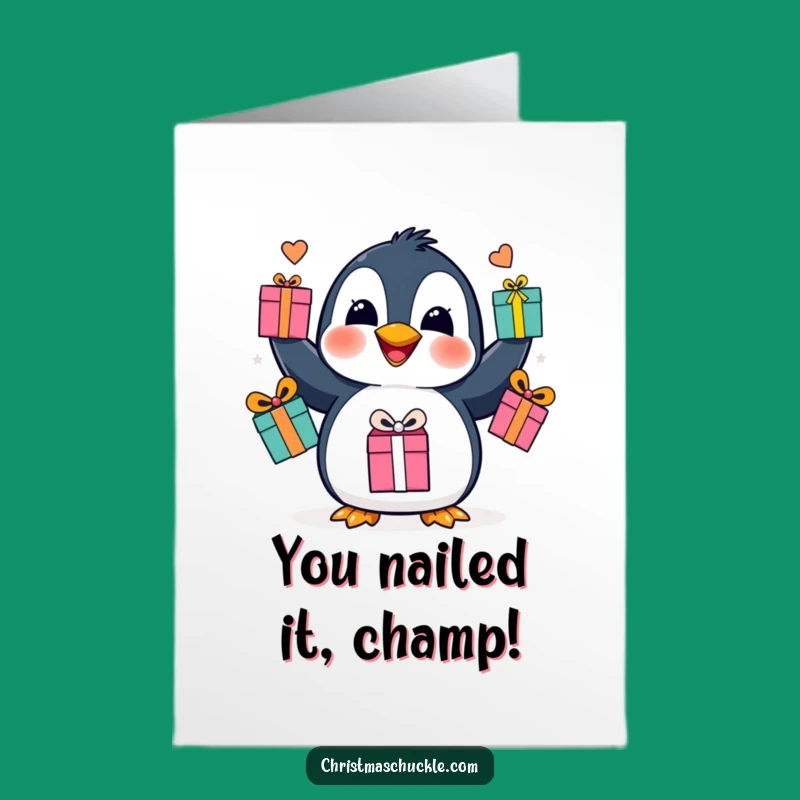 Free Printable Congrats Card: Penguin Juggler, Whimsical Downloadable Gift for Any Win