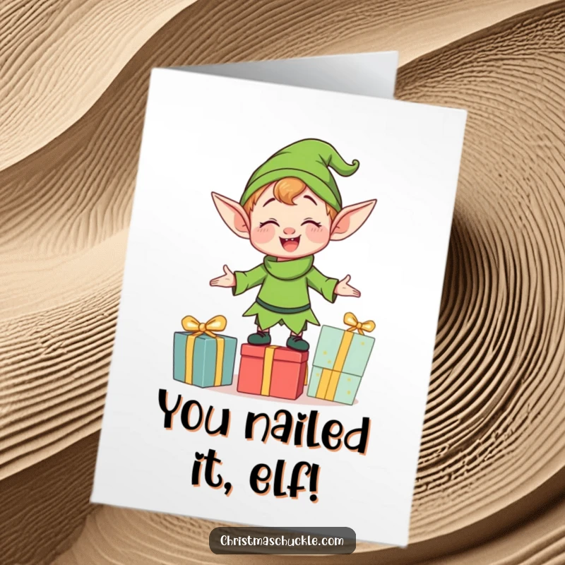 Funny Free Printable Congrats Card: A clumsy elf character comically attempting to balance a precarious stack of presents.