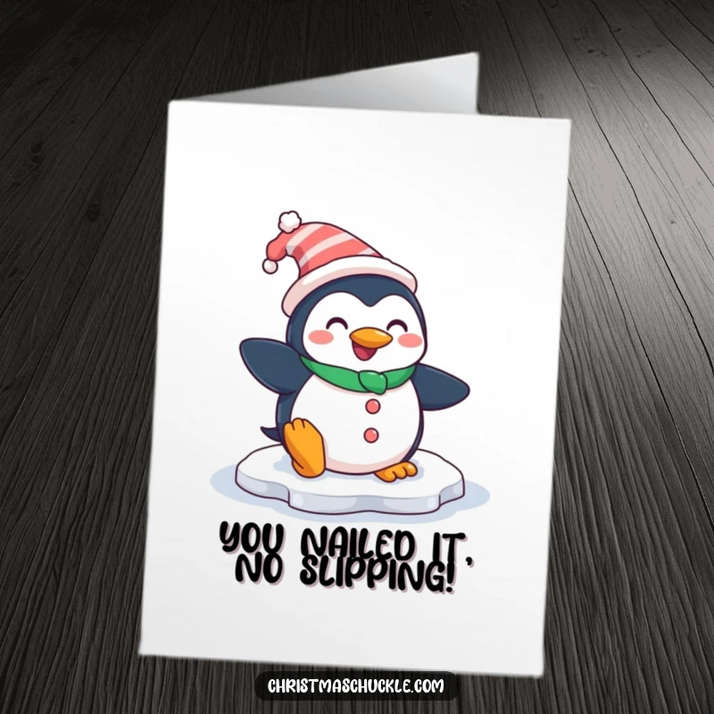 Funny Free Printable Congrats Card: A smiling penguin clown character comically slips on an icy patch.