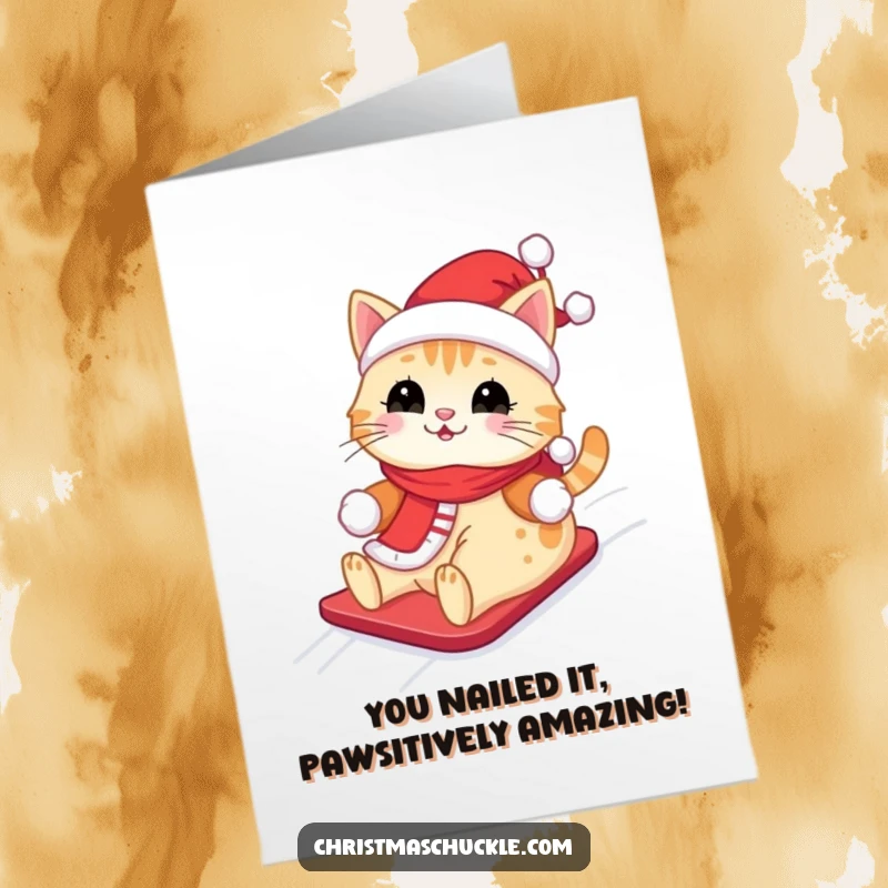 Funny Free Printable Congratulations Card: Cute Santa cat joyfully sliding down a snow-covered hill, spreading good cheer.