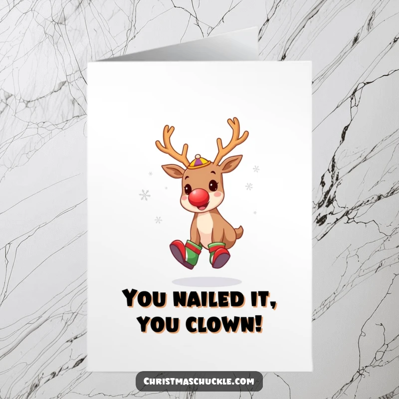 Funny free printable congratulations card showing a reindeer clown juggling snowflakes with glee.
