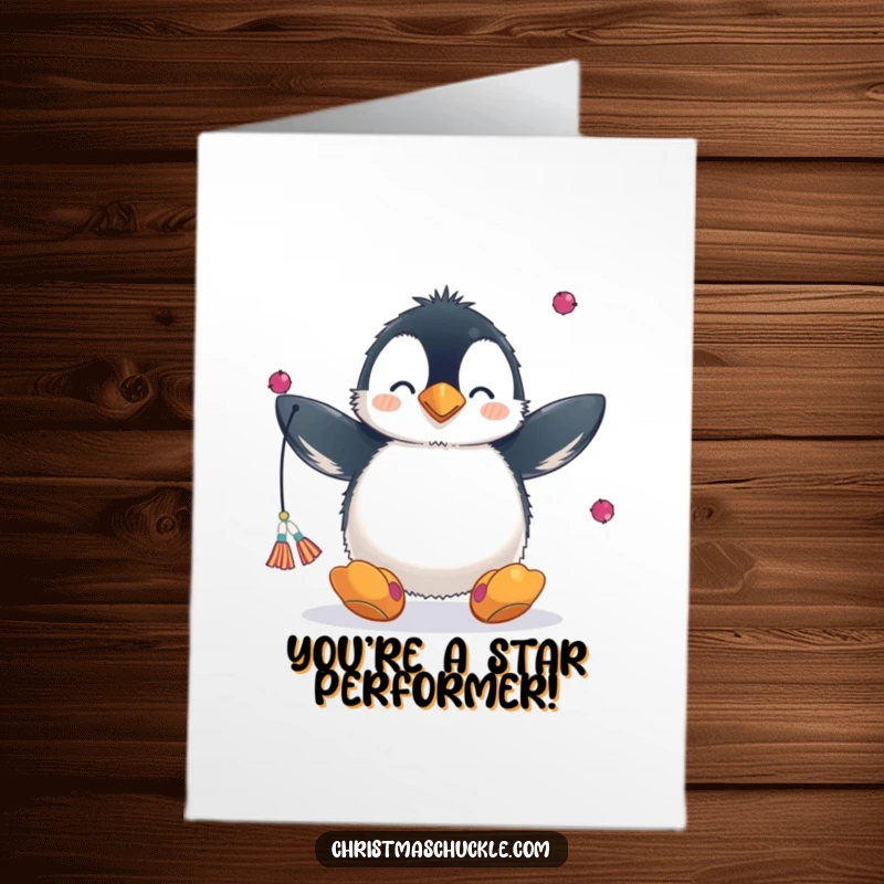 Funny Free Printable Congrats Card: A fluffy penguin wearing a clown nose and oversized shoes juggles multiple scarves with comical effort.