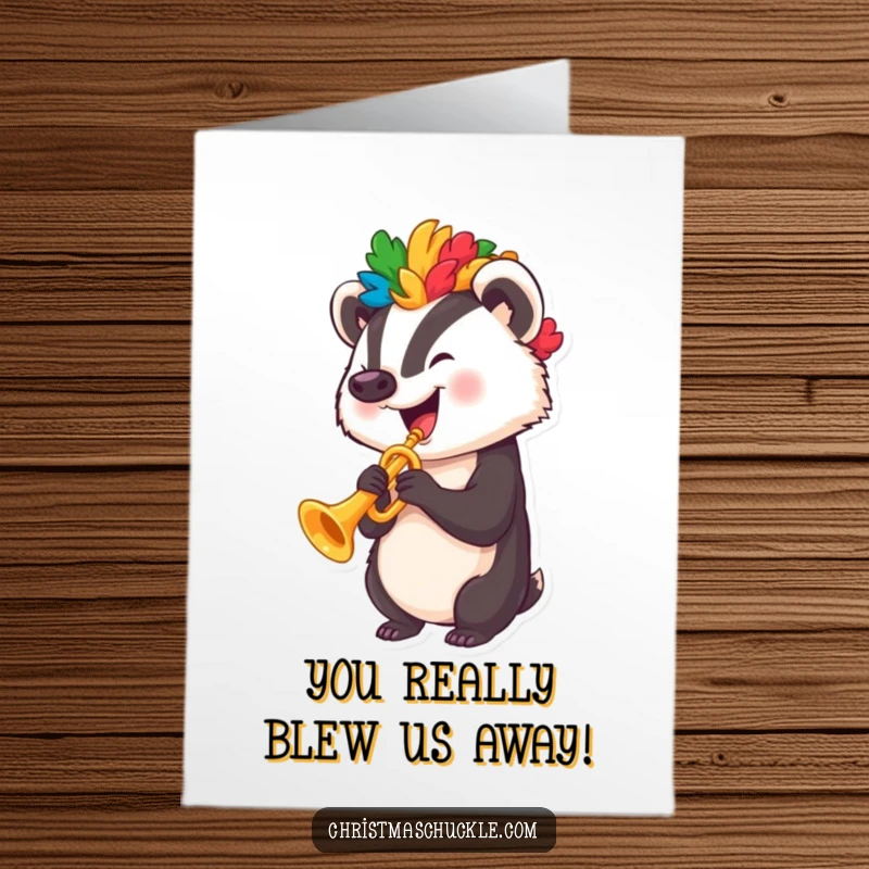 Funny free printable congratulations card: A happy badger in a clown wig toots a miniature trumpet, celebrating your amazing achievement.