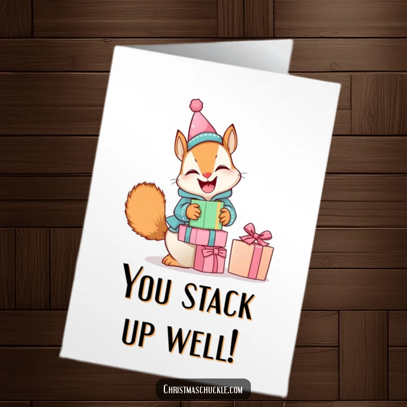 Free Printable Congratulations Card: A squirrel in a clown suit humorously balances gifts.