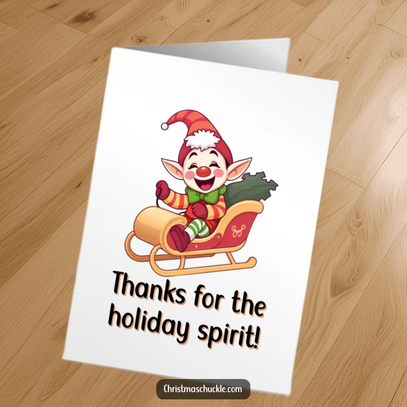 Funny Free Printable Elf Clown Thank You Card: A giddy elf clown riding a sleigh, offering thanks. Joyful downloadable.