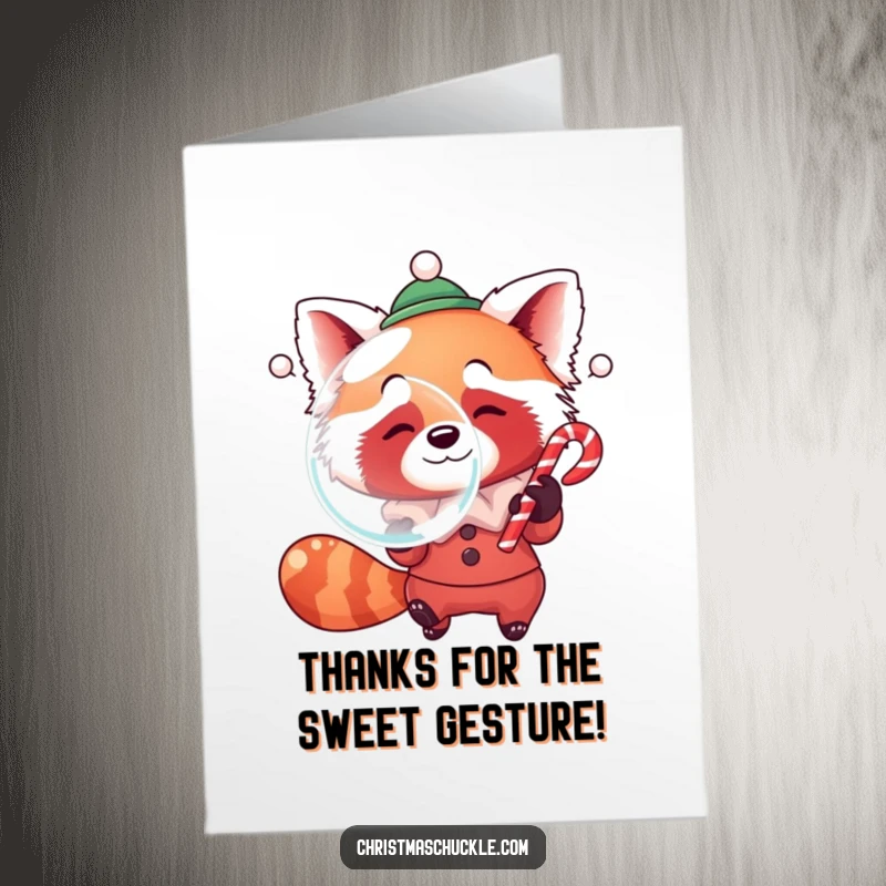 Funny free printable thank you card: a red panda clown blows a big bubble with candy cane.