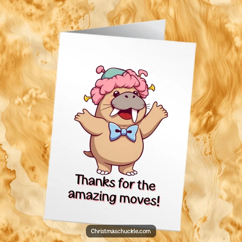Funny free printable thank you card: a walrus clown in a wig and bowtie dancing.