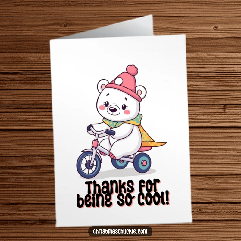 Funny free printable thank you card: a kawaii polar bear clown on a tricycle.