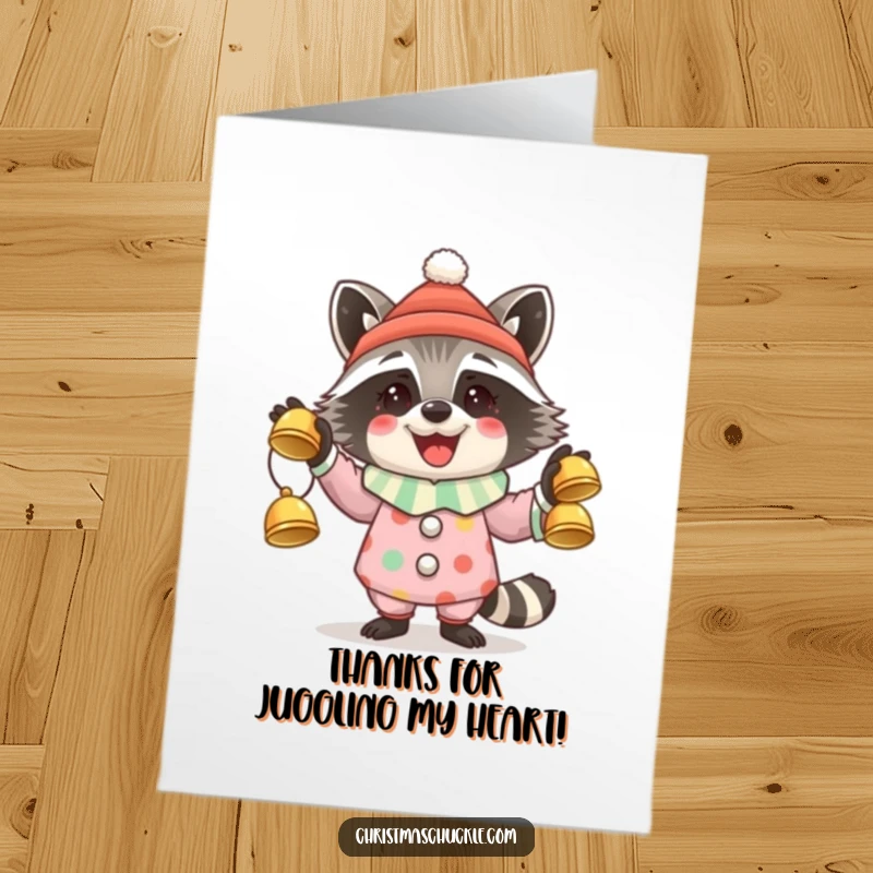 Funny Free Printable Thank You Card: A raccoon clown juggles three jingle bells with expert skill to say thank you.