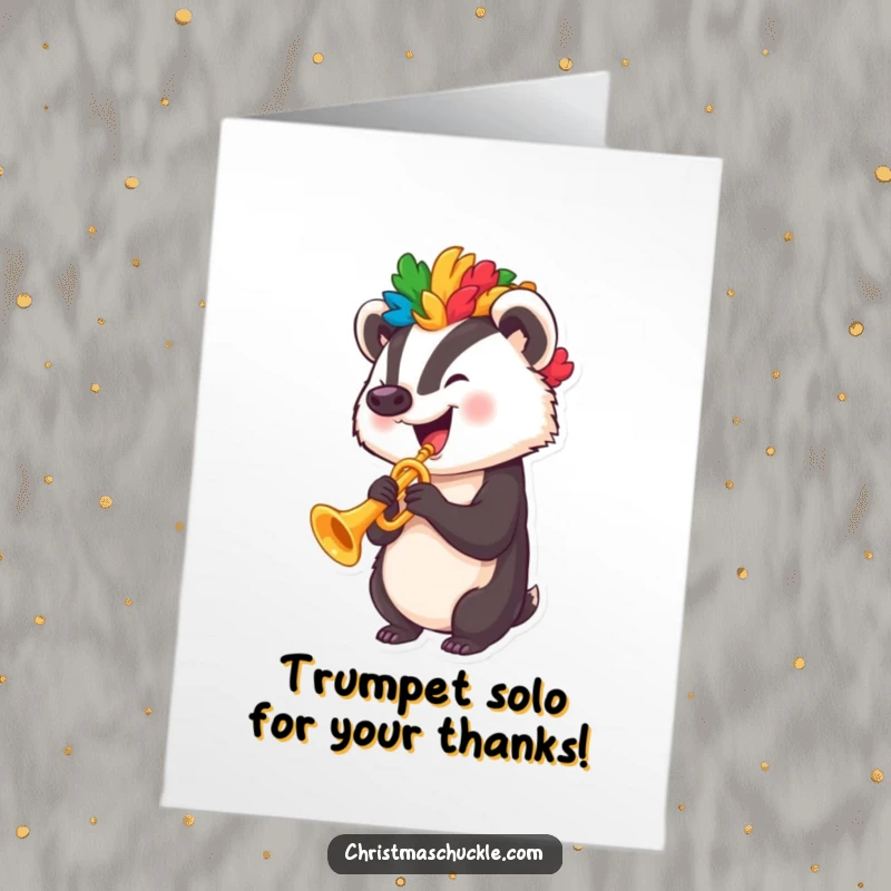 Funny free printable thank you card: A happy badger in a clown wig plays a miniature trumpet, offering a musical thank you.