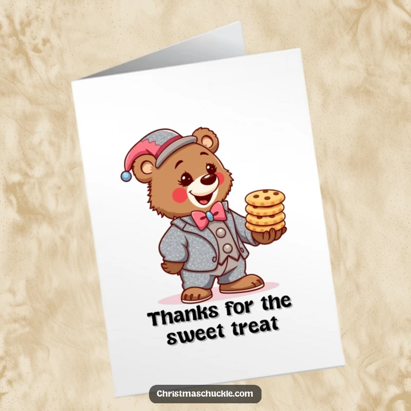 Funny Free Printable Thank You Card: A determined bear clown in a shiny suit balances a stack of festive cookies.