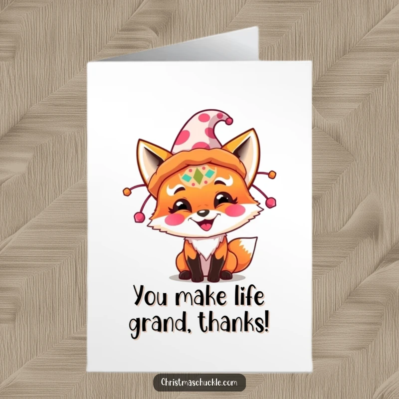 Funny free printable thank you card: Festive fox with clown makeup offers thanks with a playful grin.