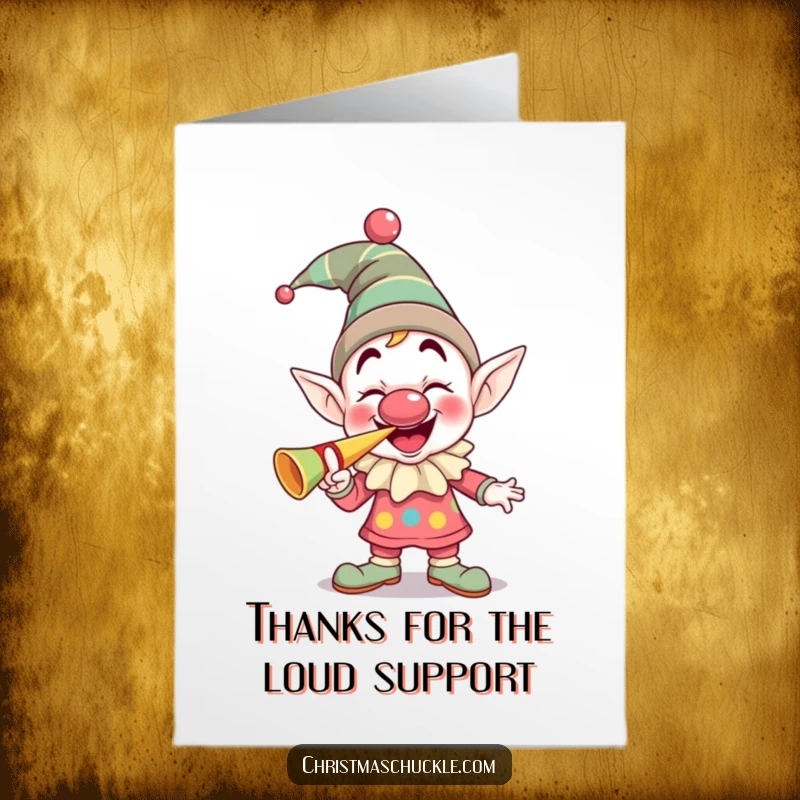 Funny Free Printable Thank You Card: A giggling elf clown with a squeaky nose, enthusiastically blowing a party horn to say thanks.
