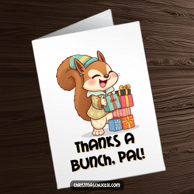 Funny free printable thank you card of a giggling squirrel in a clown suit juggling gifts, expressing thanks with humor.