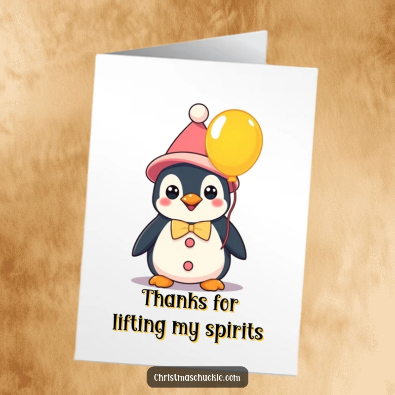 Funny Free Printable Thank You Card: A kawaii penguin dressed as a clown holds a bright balloon to say thanks. A unique DIY gift.