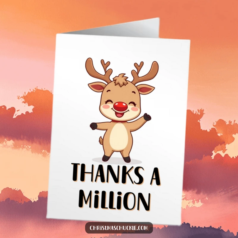 Funny Free Printable Thank You Card: A delighted reindeer with a bright red nose attempts a silly dance while expressing thanks.