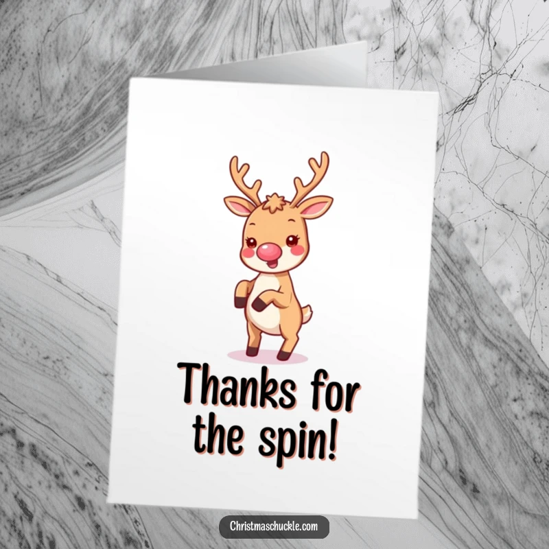 Funny Free Printable Thank You Card: Kawaii reindeer with a clown nose joyfully performs a cartwheel, showing thanks.