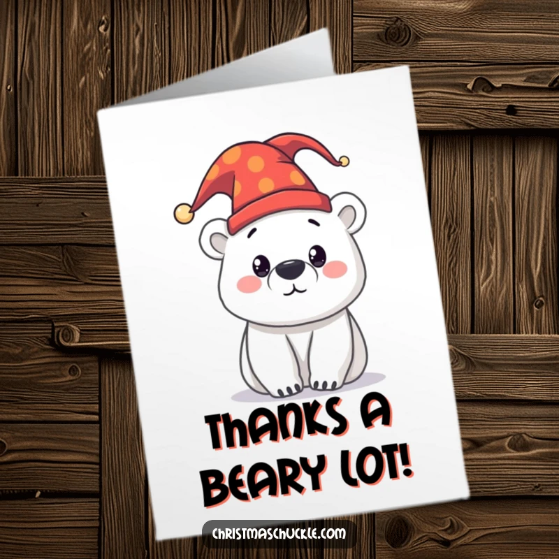 Funny Free Printable Thank You Card: A curious polar bear wearing a jester hat, offering thanks with a funny expression.