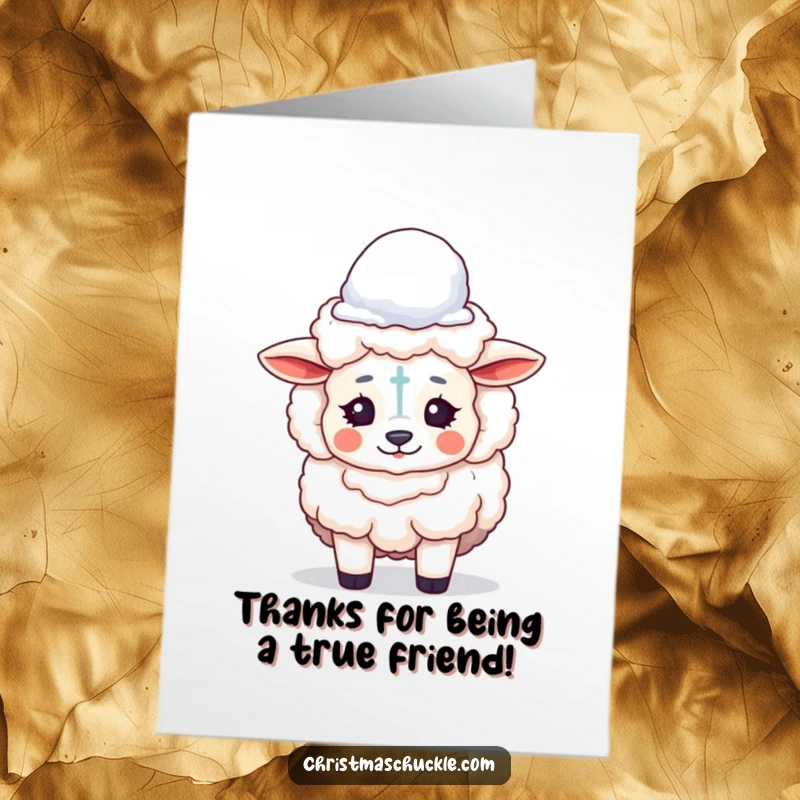 Funny free printable thank you card: a sheep with clown makeup balancing a snowball on its head.